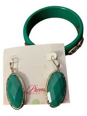 Premier Designs Reversible Earrings Bangle Set Gold Tone Statement Green Blue